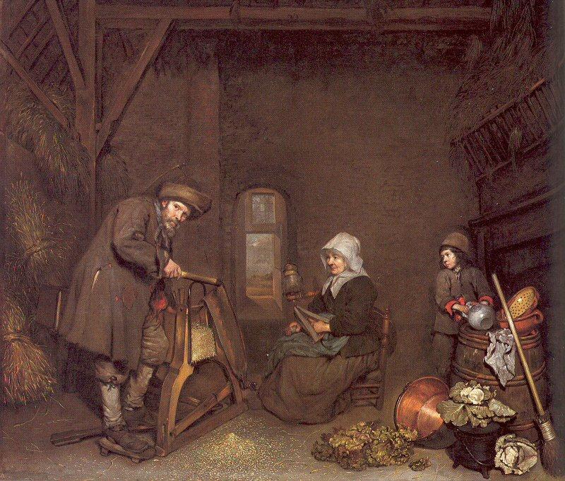 NETSCHER, Caspar Chaff Cutter with a Woman Spinning and a Young Boy oil painting image